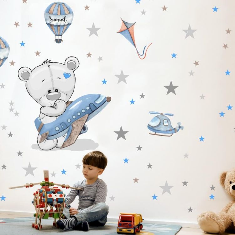 Imagine Sticker perete pentru băieți - Ursuleț cu avion albastru