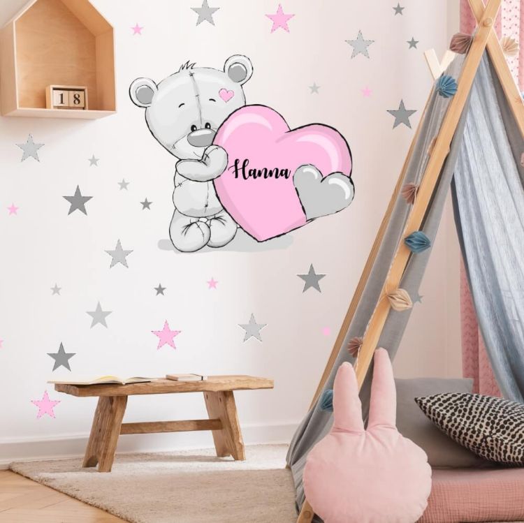 Imagine Autocolant - ursulet in culori roz cu stele si nume